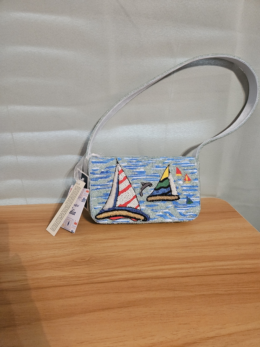 Hand-Beaded Sailboat Crossbody Bag in Light Blue